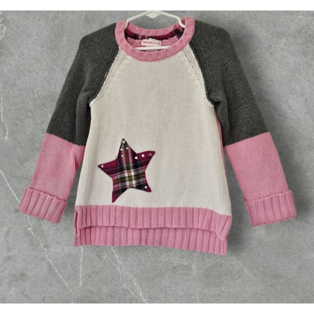 Design History Girls Knitted Long Sleeve White Grey Pink Sweater Size 6